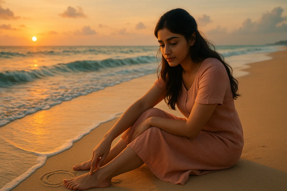 సముద్ర తీరంలో సాయంత్రం సూర్యాస్తమయం సమయంలో ఇసుకపై వ్రాయుతూ ఆలోచనల్లో మునిగిపోయిన యువ తెలుగు అమ్మాయి.