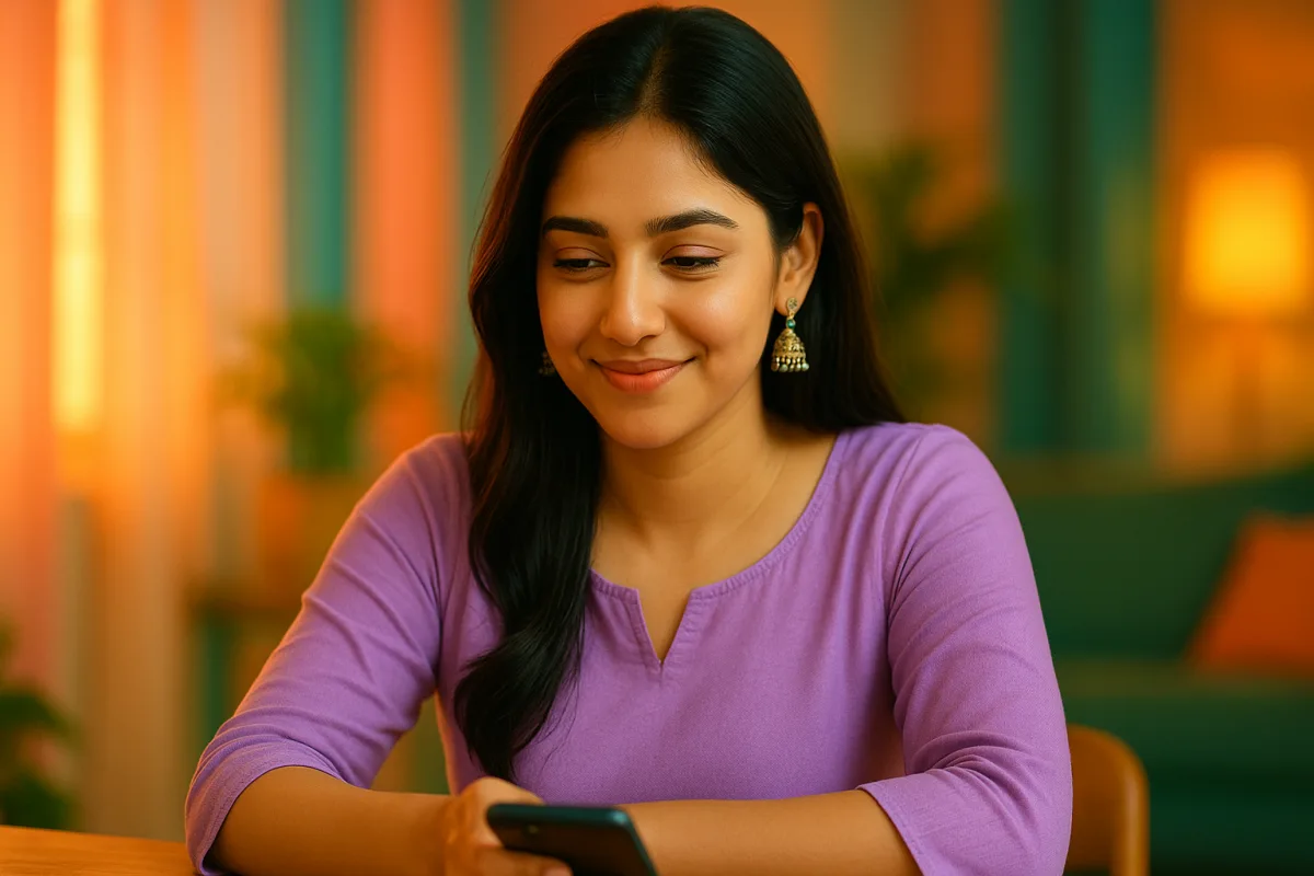 పర్పుల్ డ్రెస్‌లో ఫోన్‌ చూస్తూ మౌనంగా చిరునవ్వు చిందిస్తున్న యువతి