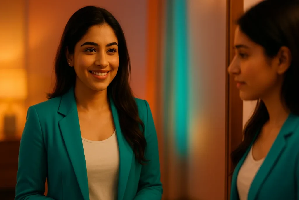 అద్దం ముందు తానెదుర్కొంటూ నమ్మకమైన నవ్వు చూపిస్తున్న యువతి