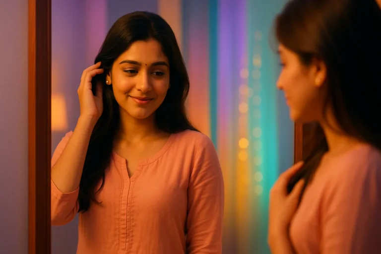 అద్దం ముందు సున్నితంగా నవ్వుకుంటూ తాన్నే చూసుకుంటున్న యువతి