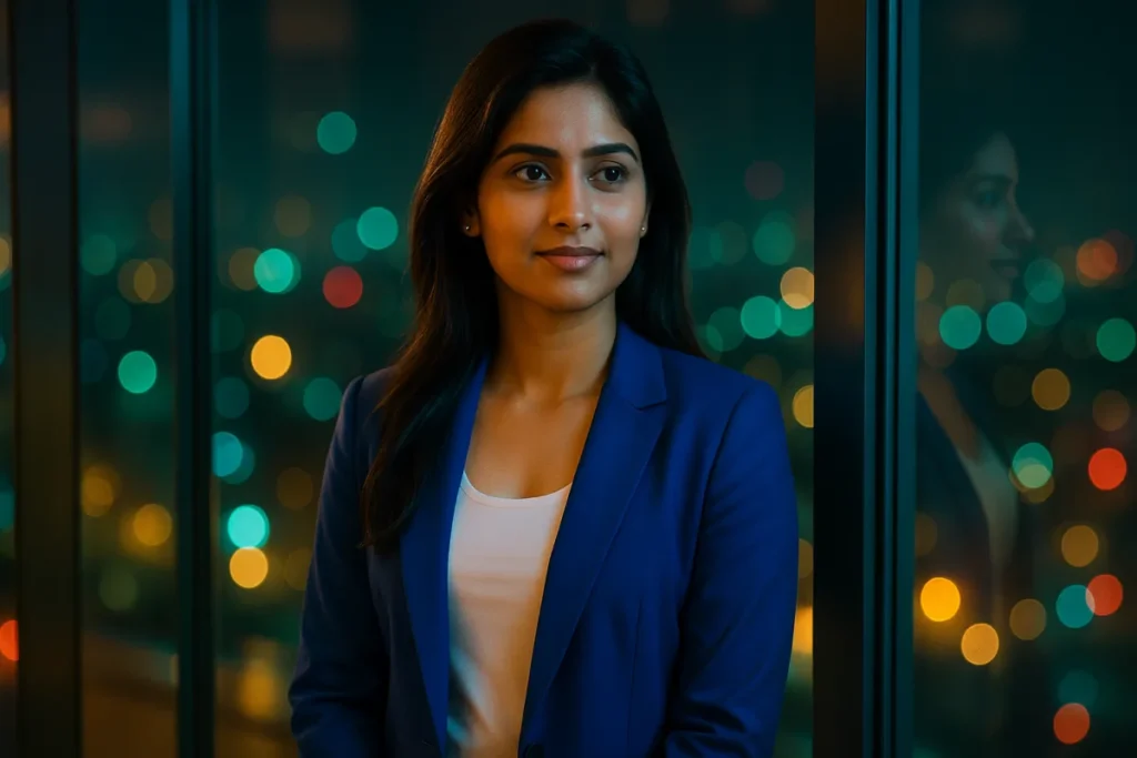 రాత్రి నగర వెలుగుల మధ్య కిటికీ పక్కన ధైర్యంగా కనిపించే కానీ ఆలోచనలో మునిగిపోయిన యువతి