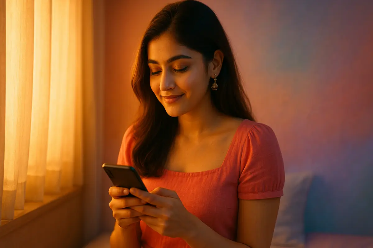 ఫోన్ చూస్తూ నిశ్శబ్దంగా నవ్వుతున్న యువతి ముఖంలో దాగి ఉన్న భావాలు