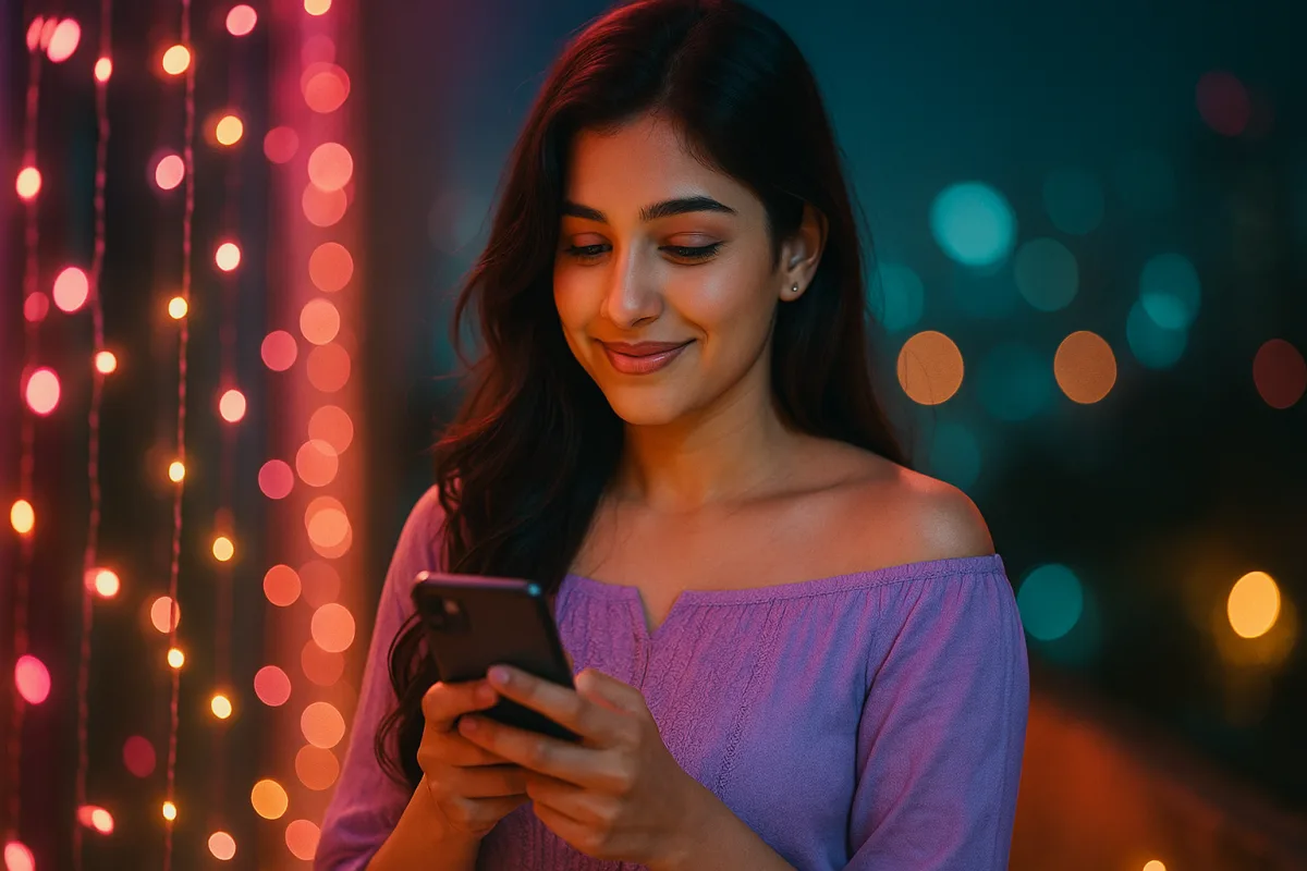 రాత్రి లైట్ల మధ్య మొబైల్‌ చూస్తూ చిరునవ్వు చిందిస్తున్న యువతి