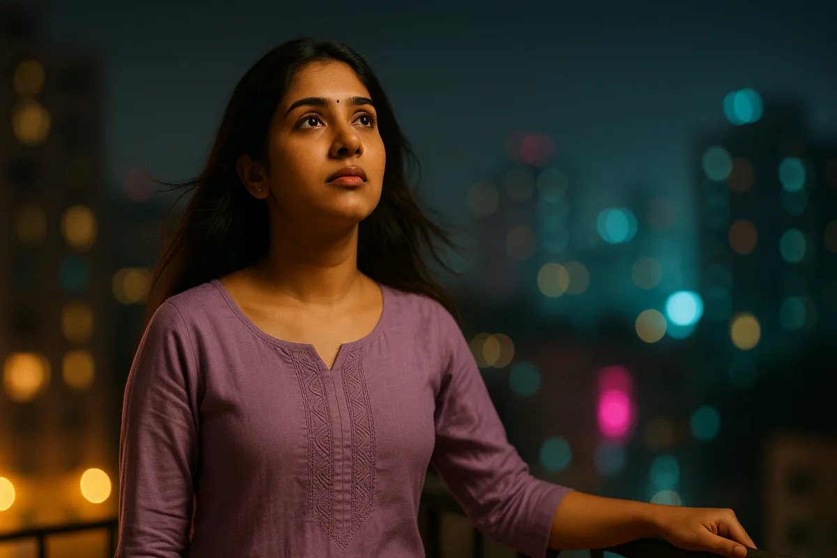 రాత్రి వెలుగుల్లో ఆకాశం వైపు చూస్తూ తనలోని ఒంటరితనాన్ని ఆలోచిస్తున్న యువతి