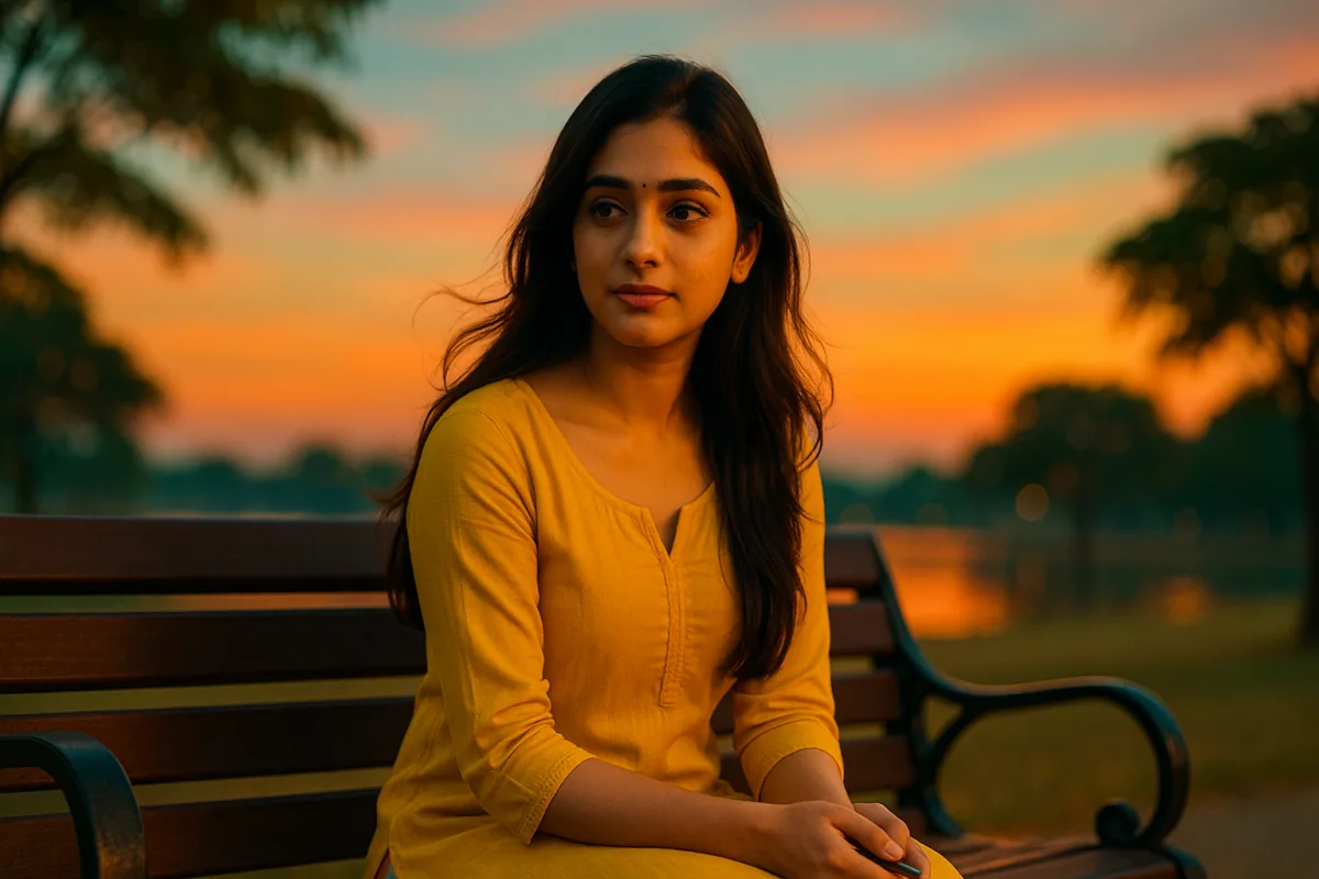 సూర్యాస్తమయం సమయంలో పార్క్ బెంచ్‌పై కూర్చొని మౌనంగా ఆలోచిస్తున్న యువతి