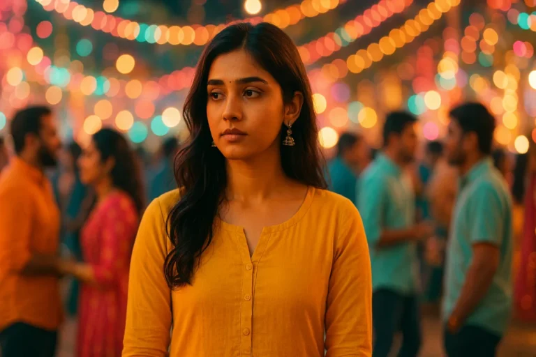 వెలుగులతో నిండిన వేడుకలో కూడా ఒంటరితనంగా నిలబడి ఉన్న యువతి