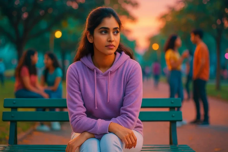 పార్క్ బెంచ్‌పై కూర్చొని, ఎవ్వరూ వినకపోవడం వల్ల ఆలోచనలో మునిగిపోయిన యువతి