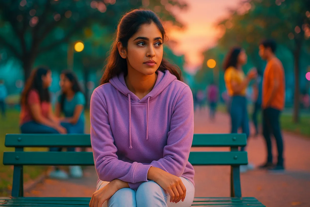 పార్క్ బెంచ్‌పై కూర్చొని, ఎవ్వరూ వినకపోవడం వల్ల ఆలోచనలో మునిగిపోయిన యువతి