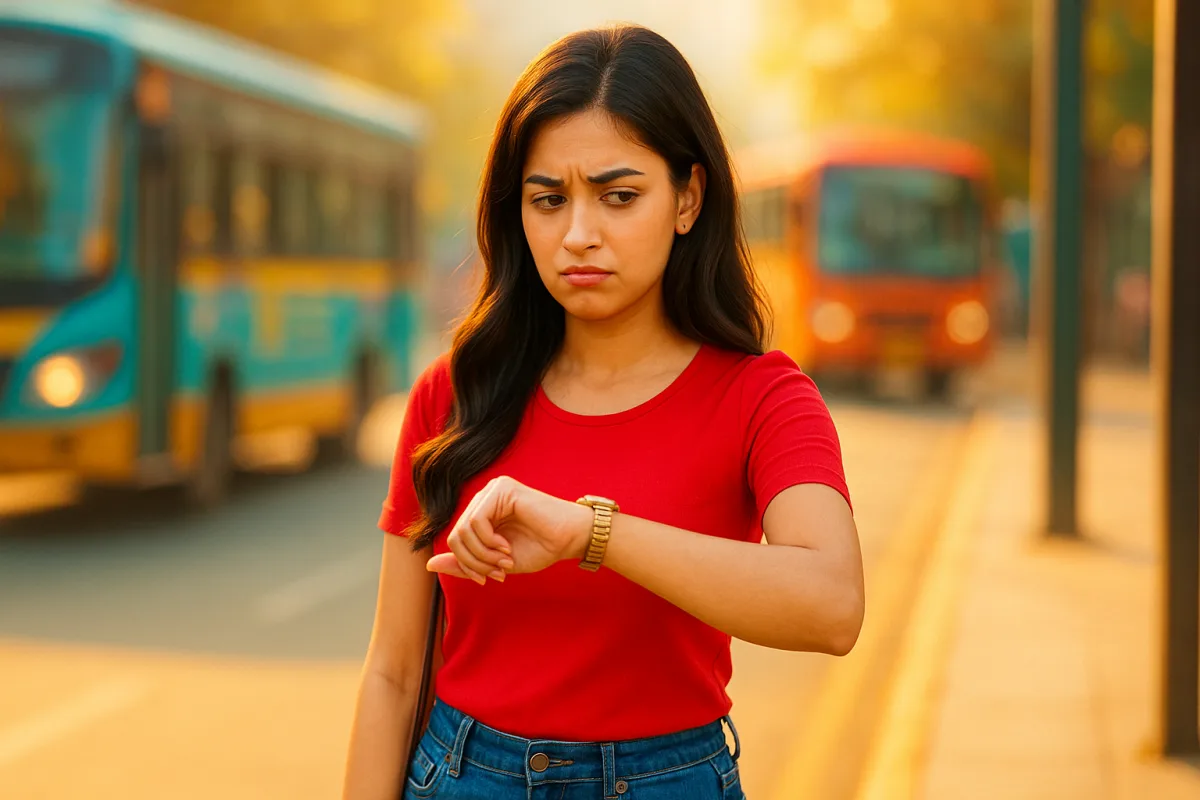 రద్దీ రోడ్డుపై వాచ్‌ చూస్తూ చిరాకు వ్యక్తం చేస్తున్న యువతి