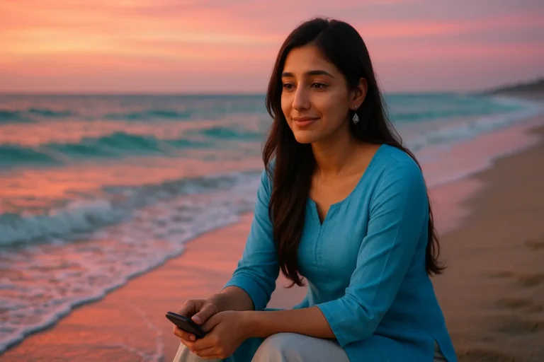 సముద్ర తీరంలో ఫోన్ పట్టుకుని సూర్యాస్తమయం వైపు చూస్తున్న యువతి
