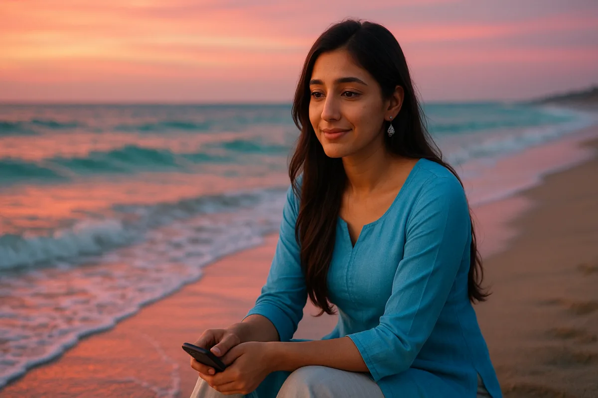 సముద్ర తీరంలో ఫోన్ పట్టుకుని సూర్యాస్తమయం వైపు చూస్తున్న యువతి