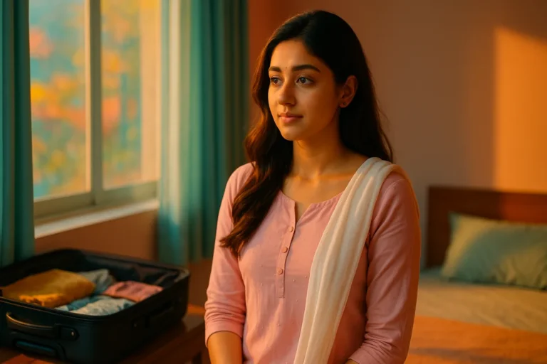 సూట్‌కేస్‌ పక్కన కూర్చొని, కిటికీ వెలుతురులో నిశ్శబ్దంగా ఆలోచిస్తున్న యువతి