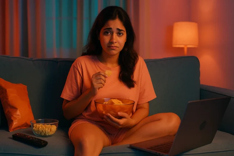రాత్రివేళ ల్యాప్‌టాప్ ముందు సోఫాలో కూర్చొని చిప్స్ తింటూ గిల్టీగా చూస్తున్న యువతి