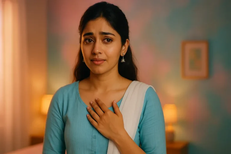 మనసులో బాధతో తన నిజం నమ్మకపోవడంతో కళ్లలో నిశ్శబ్ద వేదన కనిపించే యువతి