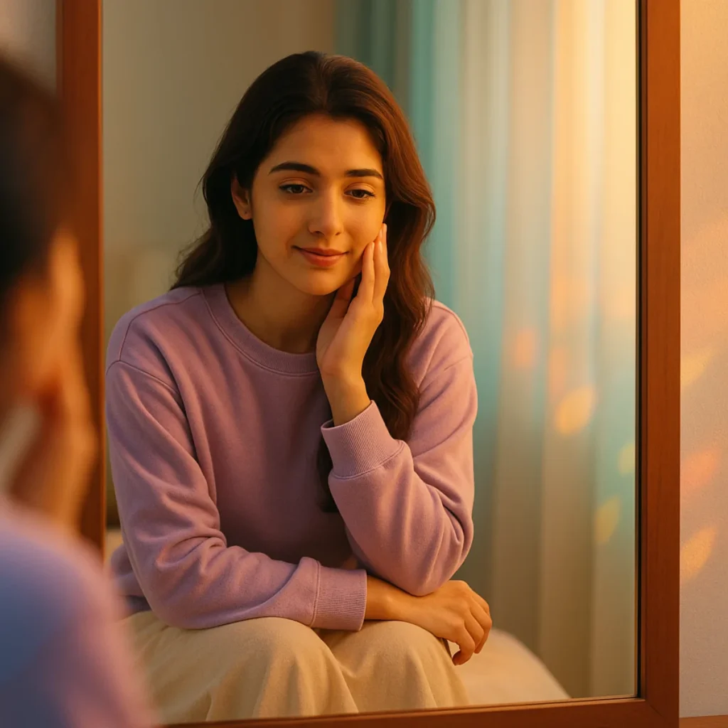 అద్దం ముందు కూర్చొని మెల్లగా తనని తాను చూసుకుంటున్న యువతి