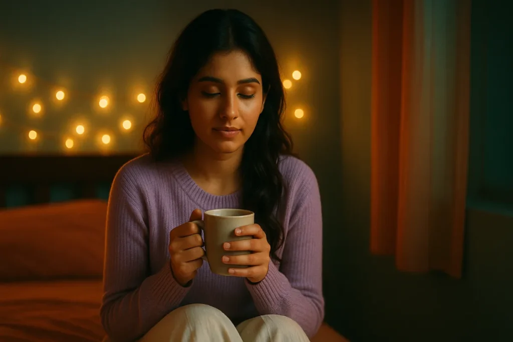 రాత్రి లైట్ల కాంతిలో కాఫీ కప్పు పట్టుకుని ప్రశాంతంగా కళ్లుమూసిన యువతి