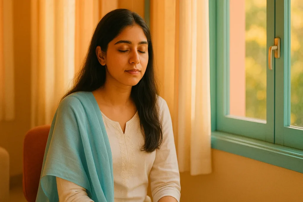 కిటికీ పక్కన కూర్చొని కళ్లుమూసి లోపల శాంతిని అనుభవిస్తున్న యువతి