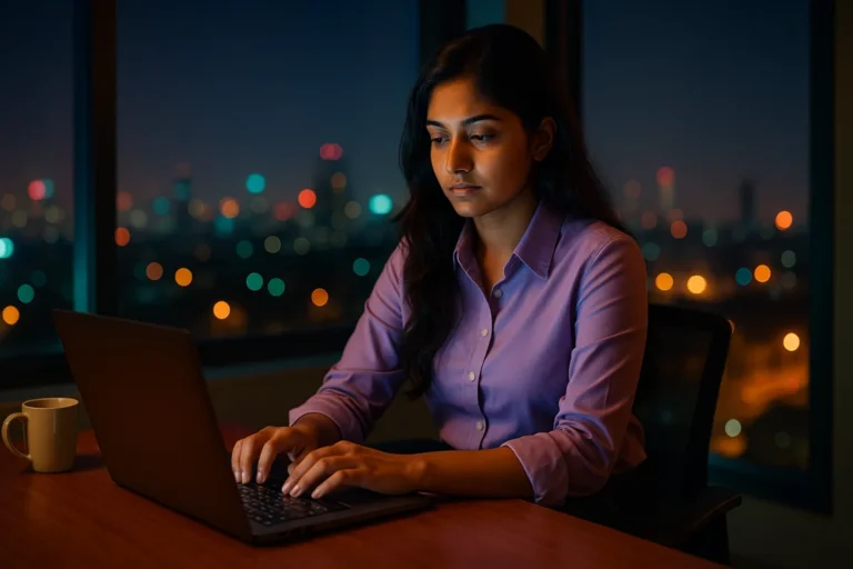 రాత్రి నగర లైట్ల మధ్య ఆఫీస్‌లో ల్యాప్‌టాప్ ముందు ఒత్తిడిగా పని చేస్తున్న యువతి
