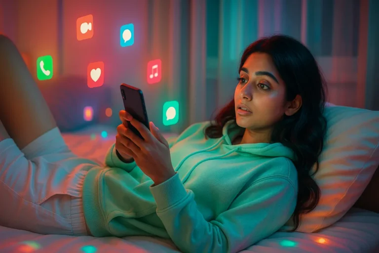 ఫోన్‌ చూస్తూ డోపమైన్ కలర్స్ మధ్య లైట్స్‌లో మునిగిపోయిన యువతి