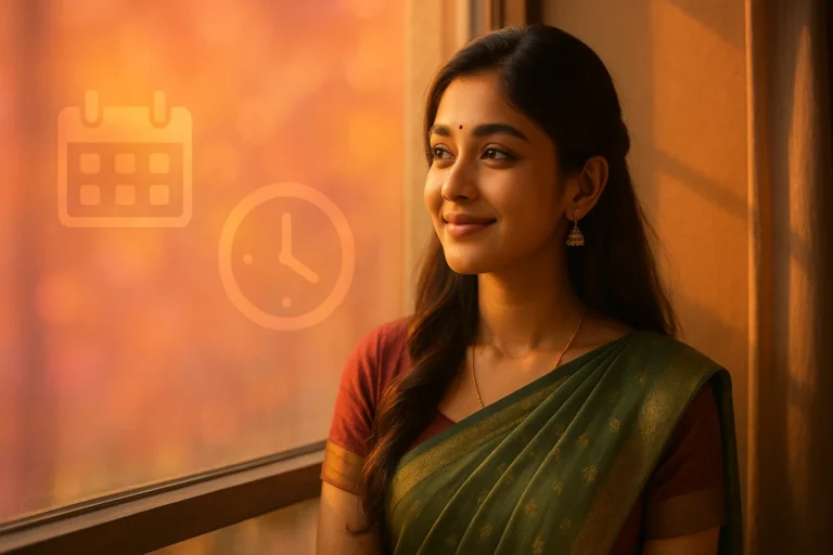 సూర్యాస్తమయం కాంతిలో కిటికీ పక్కన నిలబడి ఆలోచనలో మునిగిన అందమైన తెలుగు యువతి