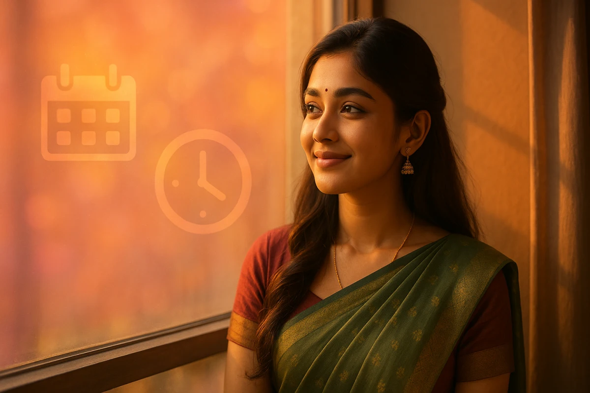 సూర్యాస్తమయం కాంతిలో కిటికీ పక్కన నిలబడి ఆలోచనలో మునిగిన అందమైన తెలుగు యువతి