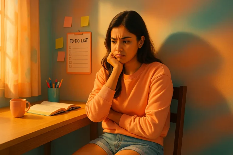 టు-డూ లిస్ట్‌ చూస్తూ చేయాల్సిన పనులు పెరిగిపోవడంతో ఒత్తిడిగా ఉన్న యువతి