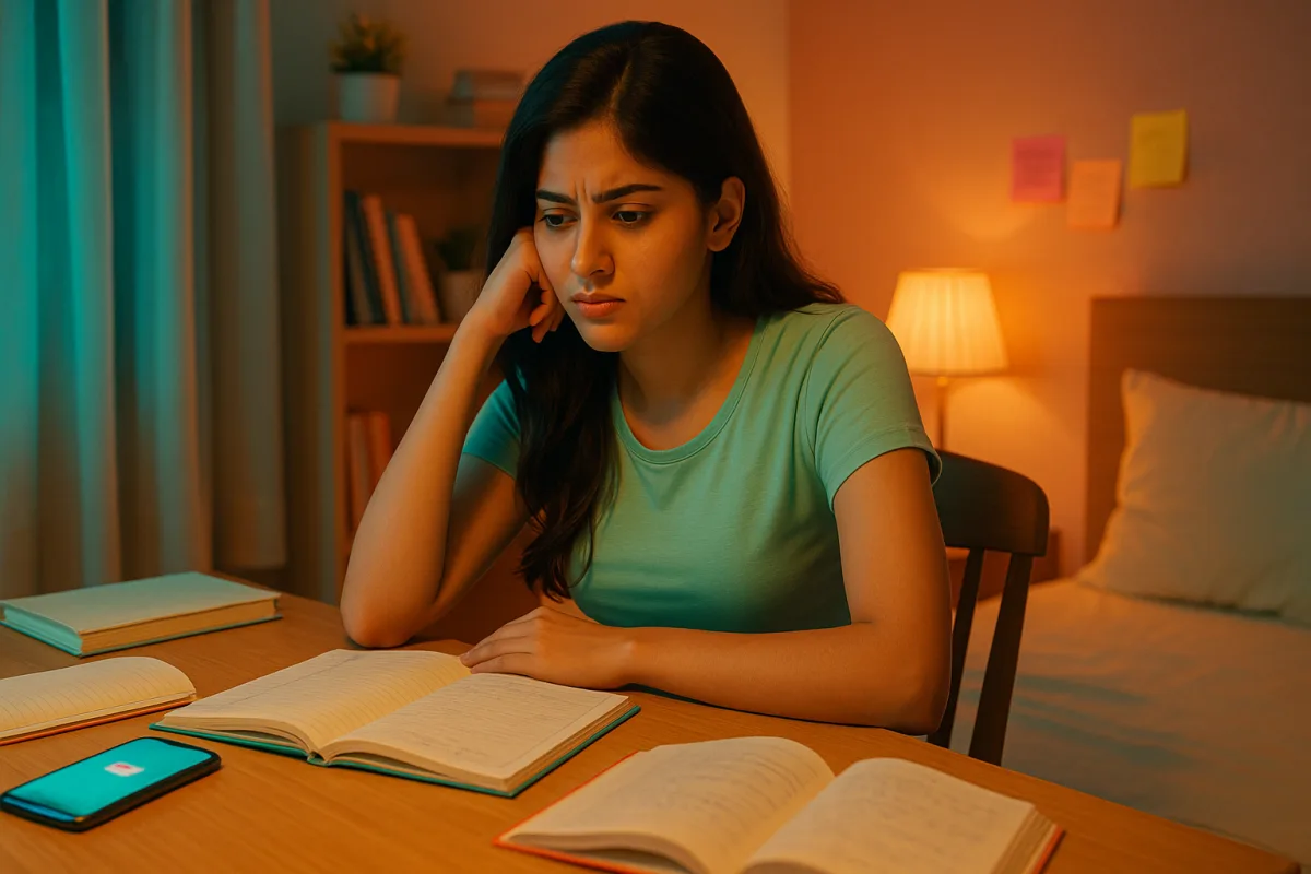 డెస్క్ వద్ద పుస్తకాలు తెరిచి ఉంచి, ఫోన్‌ వైపు చూస్తూ ఆలోచనలో మునిగిపోయిన యువతి