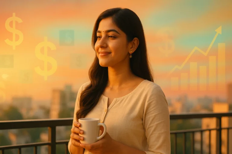 సూర్యాస్తమయం కాంతిలో కాఫీ కప్పుతో బాల్కనీలో నిలబడి ప్రశాంతంగా నవ్వుతున్న యువతి నేపథ్యంగా డాలర్ చిహ్నాలు మరియు గ్రాఫ్