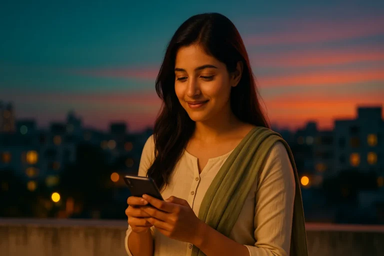 సాయంత్రపు ఆకాశం కింద బాల్కనీలో నిలబడి ఫోన్‌ చూస్తూ నవ్వుతున్న యువ తెలుగు అమ్మాయి.