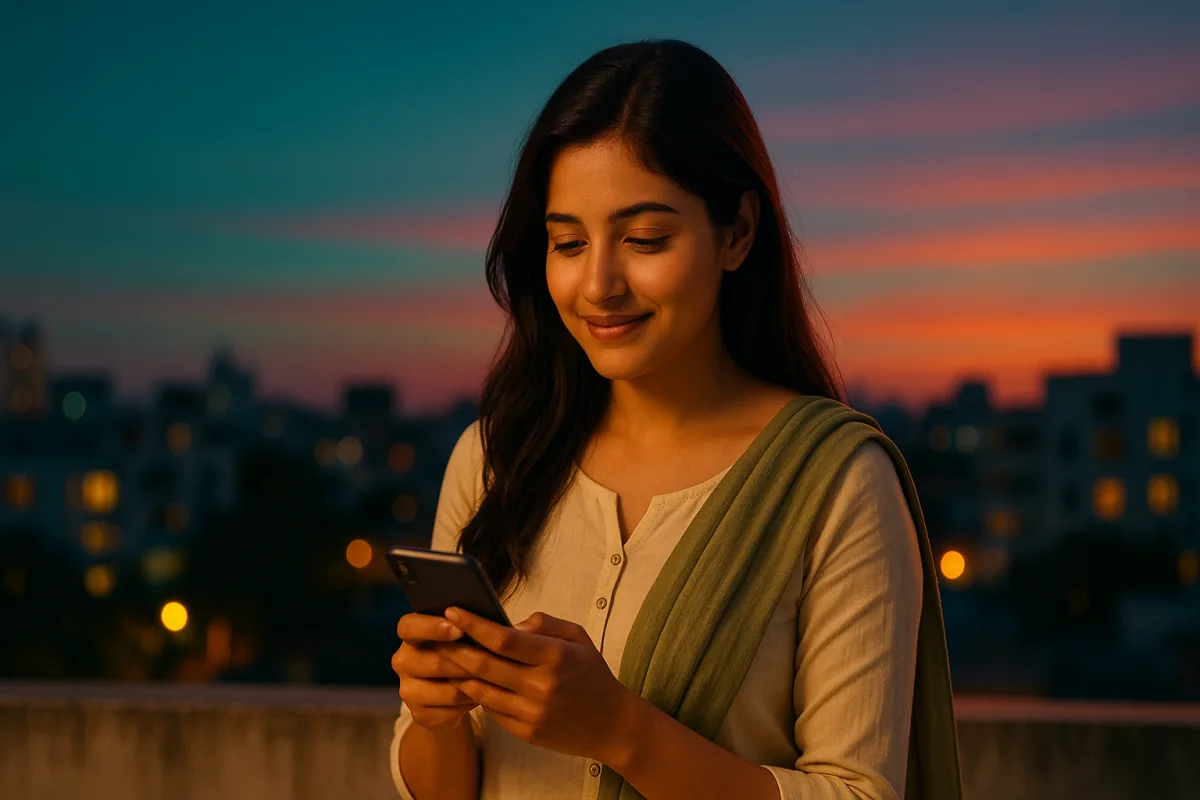 సాయంత్రపు ఆకాశం కింద బాల్కనీలో నిలబడి ఫోన్‌ చూస్తూ నవ్వుతున్న యువ తెలుగు అమ్మాయి.