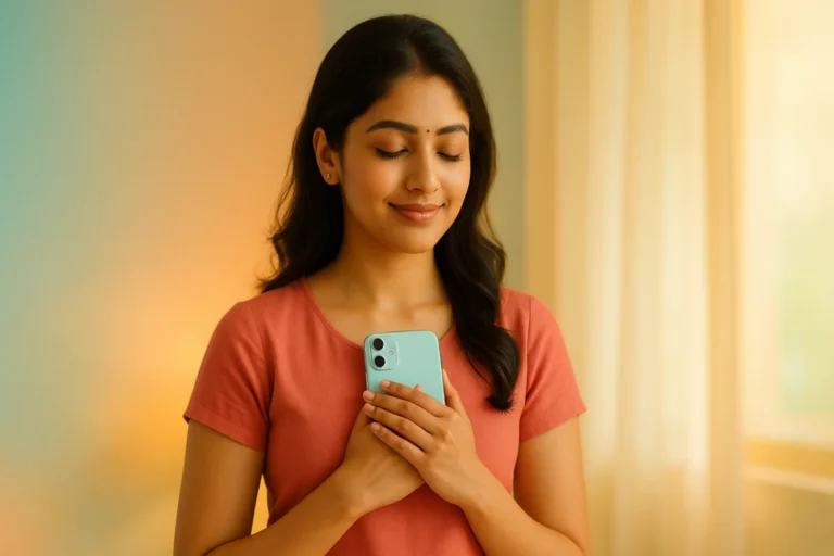 స్మార్ట్‌ఫోన్‌ను గుండెలకు ఆనించి కళ్లను మూసుకుని ప్రశాంతంగా చిరునవ్వుతో ఉన్న యువతి