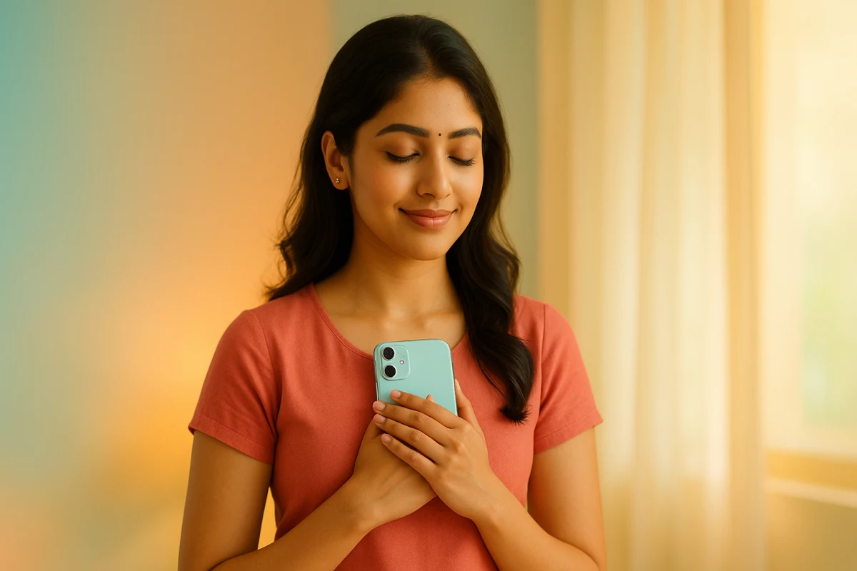 స్మార్ట్‌ఫోన్‌ను గుండెలకు ఆనించి కళ్లను మూసుకుని ప్రశాంతంగా చిరునవ్వుతో ఉన్న యువతి