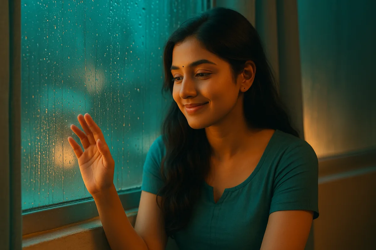 వర్షం పడుతున్న కిటికీ దగ్గర నవ్వుతూ ఆలోచనల్లో మునిగిపోయిన యువ తెలుగు అమ్మాయి.