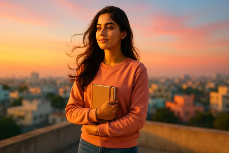 మెట్లపై కూర్చుని చిరునవ్వుతో ఆలోచనలో ఉన్న యువతి, పక్కన పుస్తకాలు ఉన్నాయి