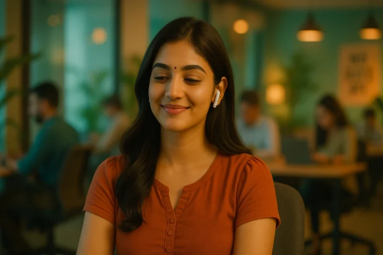 ఆఫీస్ వాతావరణంలో ఇయర్‌బడ్స్ పెట్టుకుని సంతోషంగా చిరునవ్వుతో కూర్చున్న యువతి