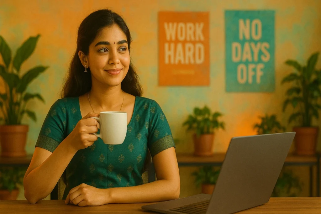 కాఫీ కప్పుతో ల్యాప్‌టాప్ ముందుకు కూర్చుని తృప్తిగా నవ్వుతున్న తెలుగు యువతి