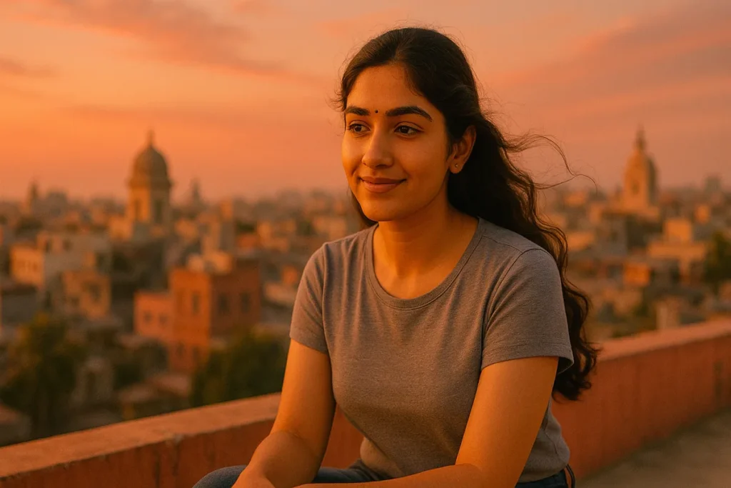 సాయంత్రపు ఆకాశం కింద మేడపై కూర్చుని ప్రశాంతంగా నవ్వుతున్న తెలుగు అమ్మాయి.