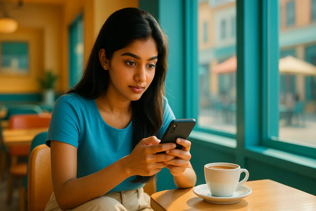 కేఫ్‌లో కాఫీ పక్కన కూర్చుని, దృష్టి మొత్తం ఫోన్‌పైనే ఉంచుకున్న అమ్మాయి.