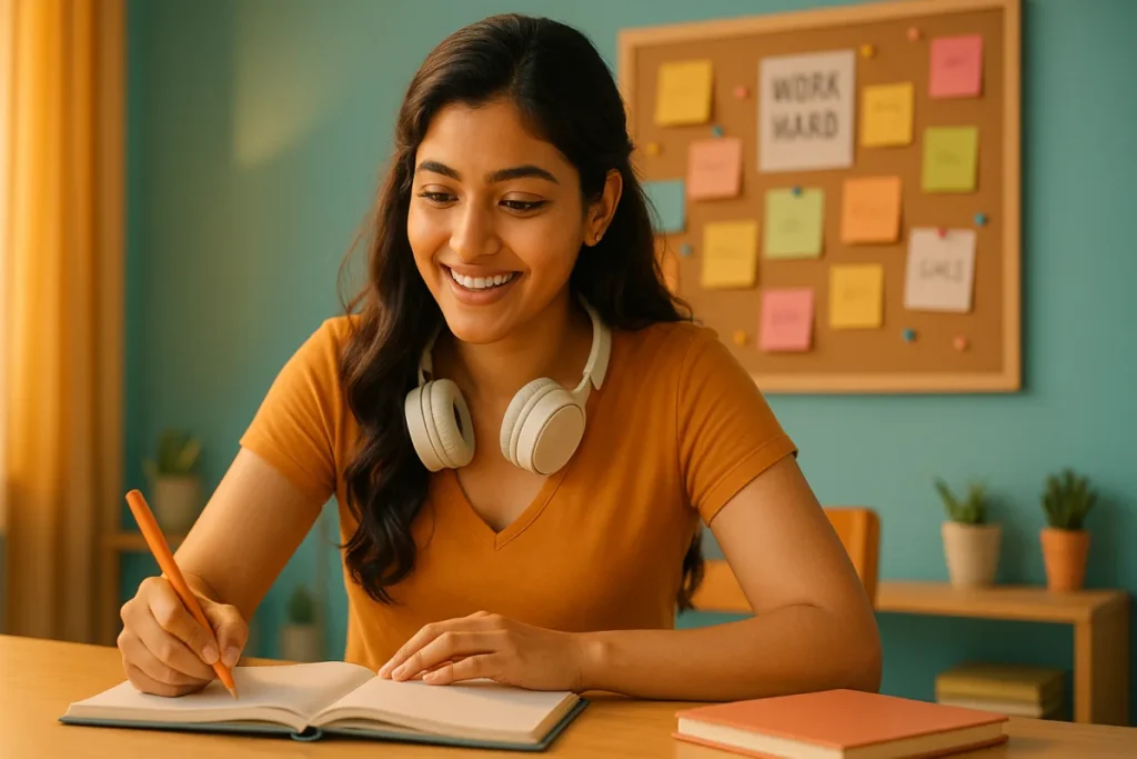 టేబుల్‌ వద్ద హెడ్ఫోన్లు వేసుకుని ఉత్సాహంగా రాస్తున్న యువ తెలుగు అమ్మాయి.