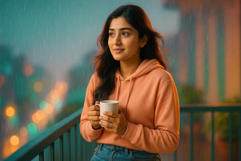 వర్షంలో కాఫీ కప్పు పట్టుకుని బాల్కనీలో ఆలోచనలో మునిగిన యువతి