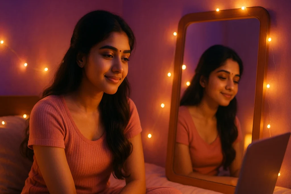 సాఫ్ట్ లైట్స్ మధ్య అద్దం ముందు కూర్చుని చిరునవ్వుతో ల్యాప్‌టాప్ వైపు చూస్తున్న యువతి