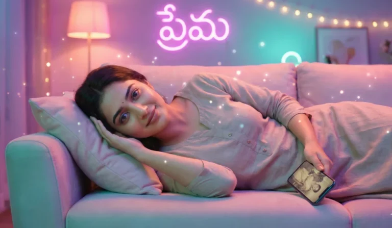 నీన్ వెలుగులో సోఫాపై వాలి, ఫోన్‌లోని జ్ఞాపకాన్ని చూస్తూ నిశ్శబ్దంగా చిరునవ్వు చిందిస్తున్న యువతి.