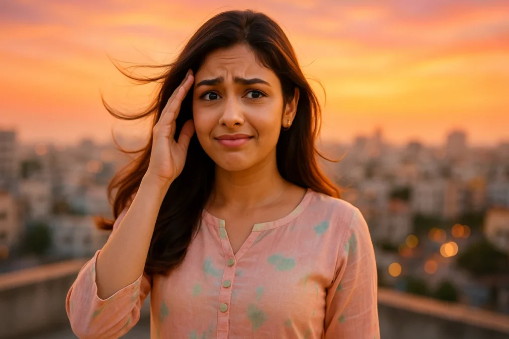 సాయంకాల ఆకాశం మధ్య అయోమయంగా నిలబడి, తల పట్టుకుని అసహనంగా ఉన్న యువతి.