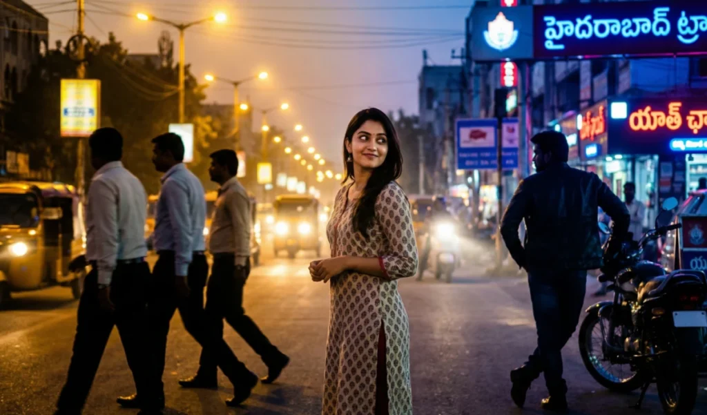 సాయంకాల ట్రాఫిక్ మధ్య రోడ్డుపై నిలబడి, జనసమూహాన్ని దాటి పక్కకు చూసే ఆలోచనాత్మక యువతి.