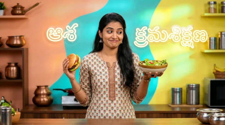 వంటగదిలో నిలబడి చేతిలో ఒకవైపు బర్గర్‌ మరియు మరోవైపు సలాడ్‌ పట్టుకుని అయోమయంగా నవ్వుతున్న యువతి