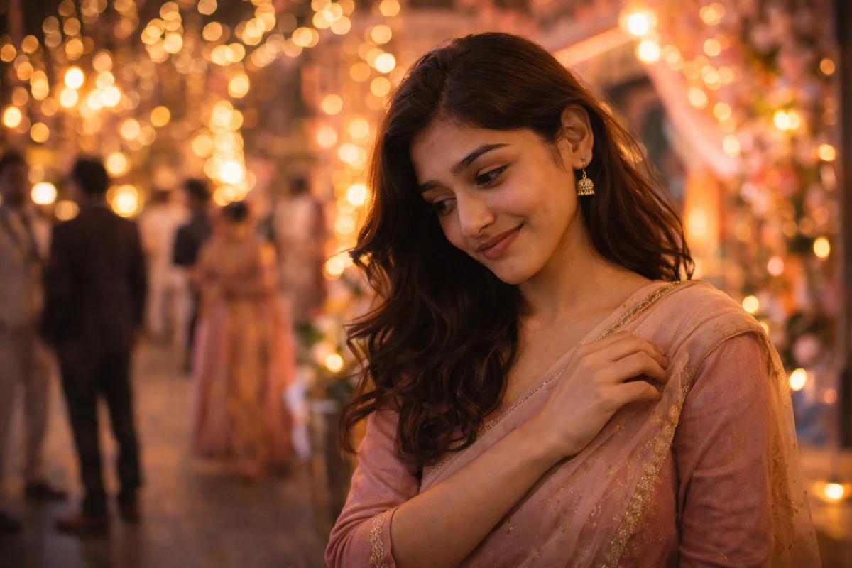 పండుగ కాంతుల్లో నడుస్తూ, భుజం దగ్గర చీర సరిచేసుకుంటూ మెల్లని సంకోచంతో తలవంచిన యువతి.