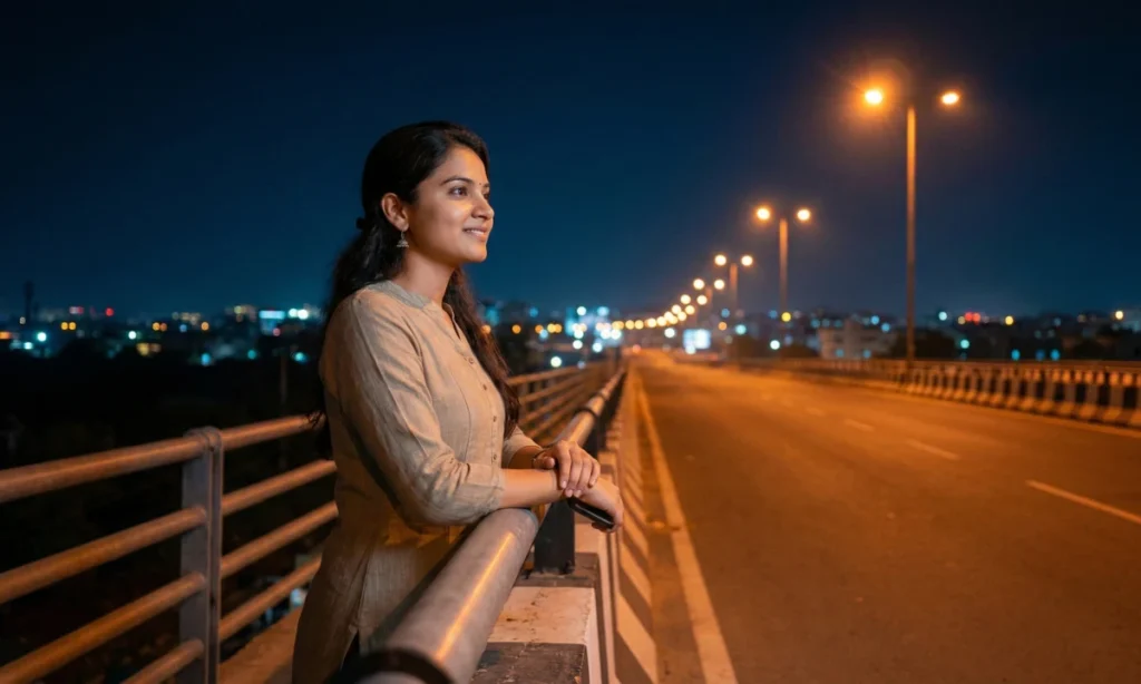 రాత్రి ఖాళీ బ్రిడ్జ్పై నిలబడి, నగర లైట్లను చూస్తూ నిశ్శబ్దంగా ఆలోచిస్తున్న యువతి.