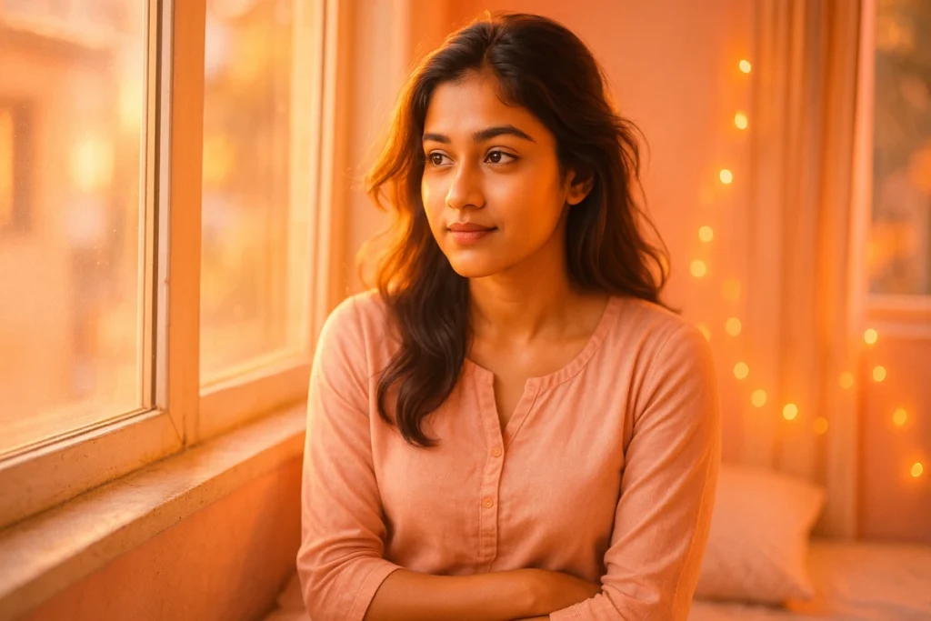 సాయంకాల వెలుతురులో కిటికీ పక్కన నిలబడి, లోతుగా ఏమో ఆలోచిస్తూ దూరాన్ని తిలకిస్తున్న యువతి.