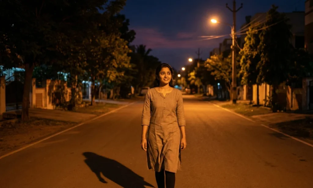 రాత్రి వెలుగుల మధ్య ఖాళీ రోడ్డుపై ఒంటరిగా నడుస్తున్న యువతి, ముఖంలో అయోమయం మరియు లోపలి ఆలోచనలు కనిపిస్తున్న దృశ్యం.