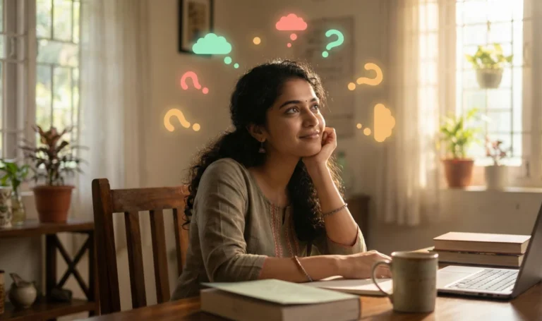 ల్యాప్‌టాప్‌ ముందు కూర్చొని, తల ఆనిస్తూ కలల్లో తేలుతున్నట్టుగా ఆలోచనల్లో మునిగిన యువతి